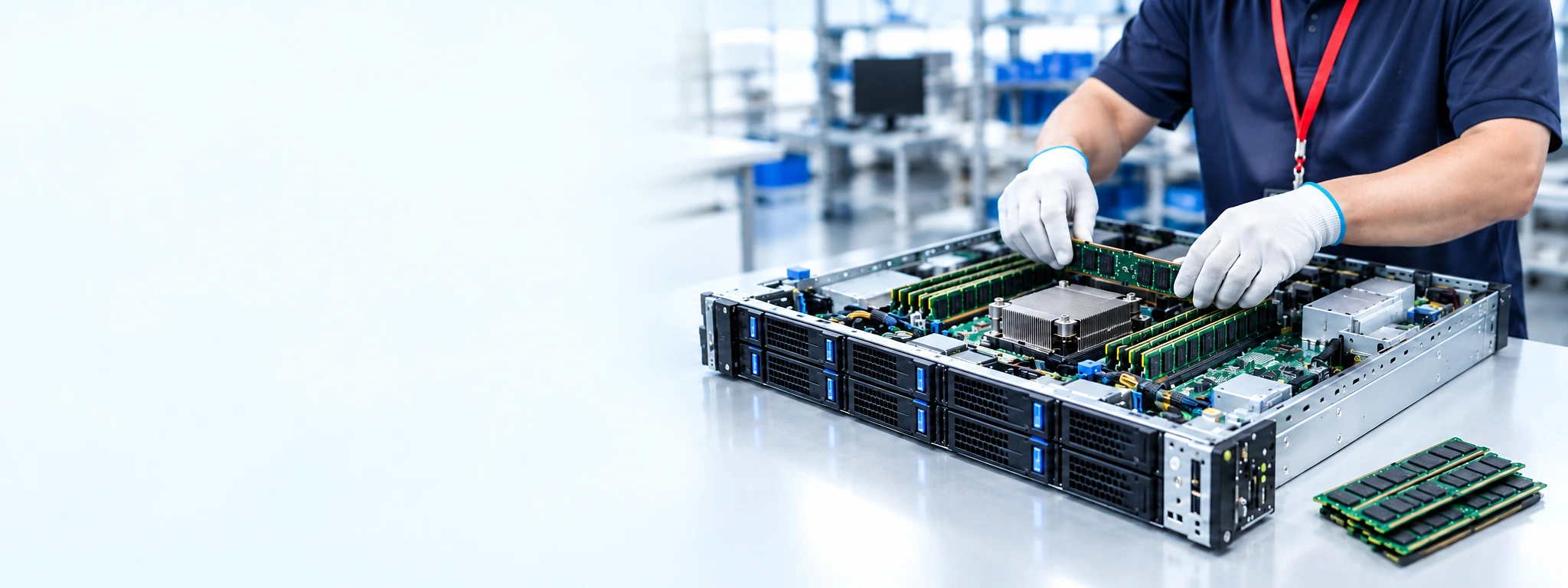 Source-based AI work scene: gloved hands preparing an open rack server, with memory modules in the foreground