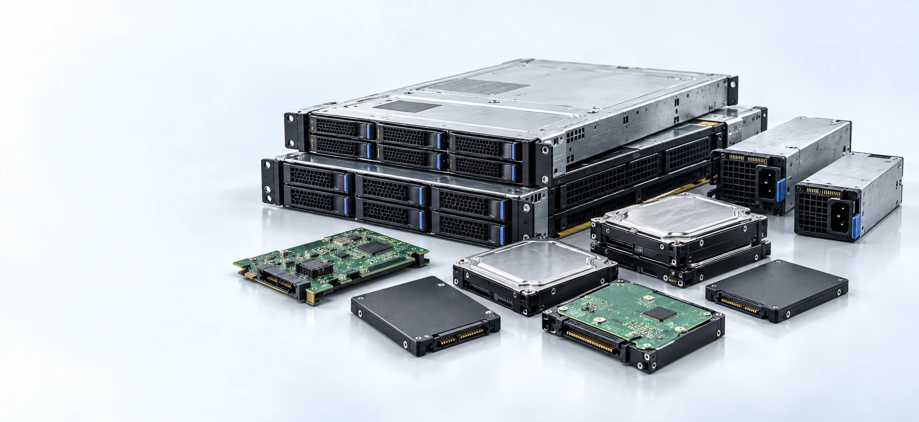 AI recomposition of recovered hardware modules and storage parts, illustrating stock sources and condition
