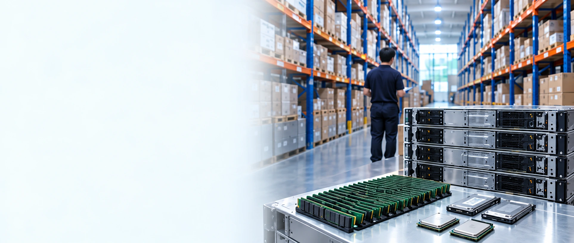 Source-based AI warehouse scene with shelving, rack servers and memory stock; an explanation of the inventory operation